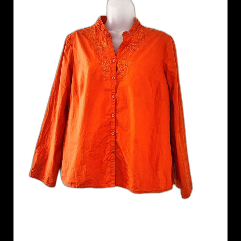 Emma James Orange Beaded Floral Embroidered Cotton Blouse Top Size 12P Petite